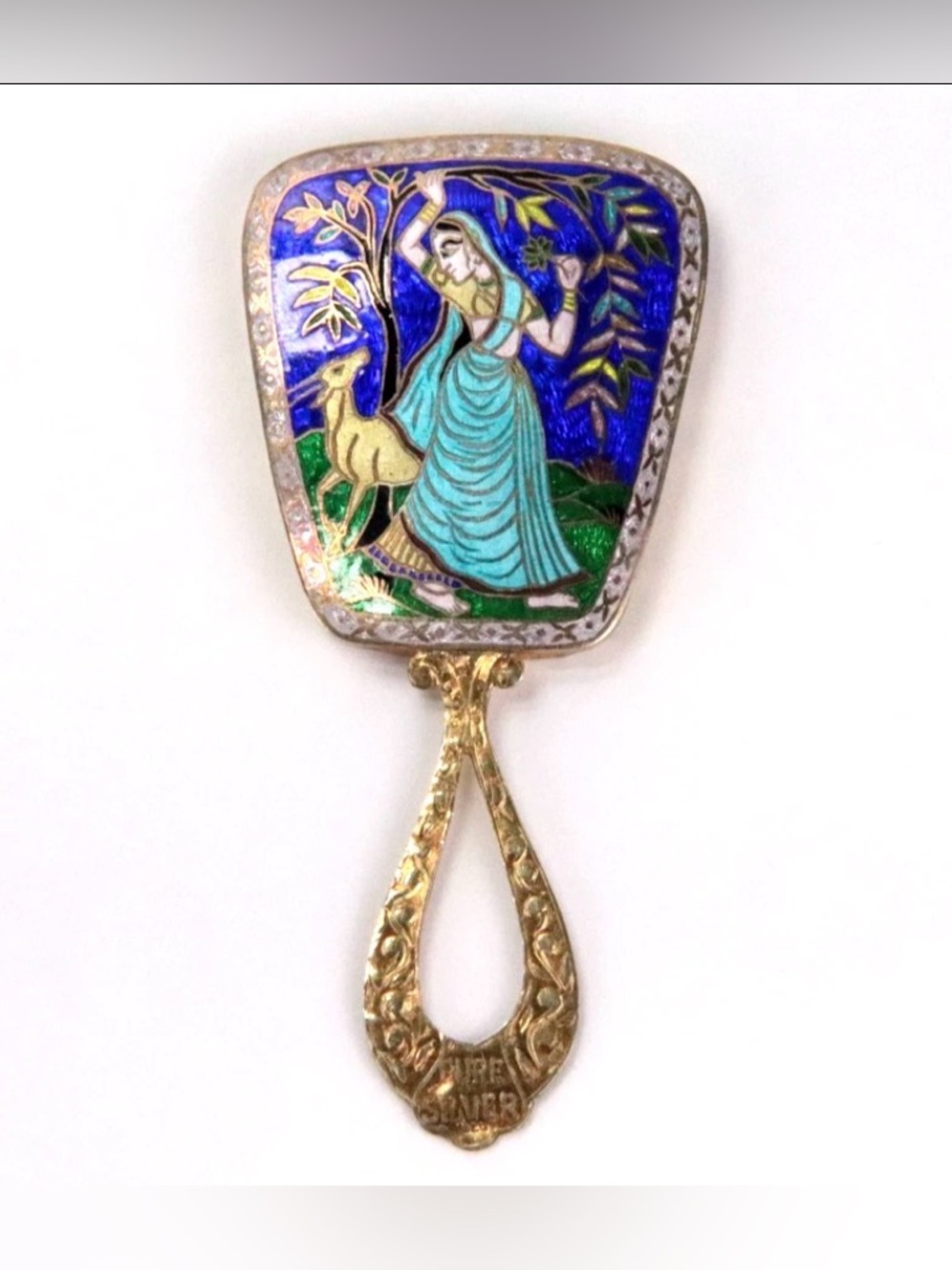 Vintage Indian Sterling Silver Gold Tone Guilloche Enameled Hand Mirror